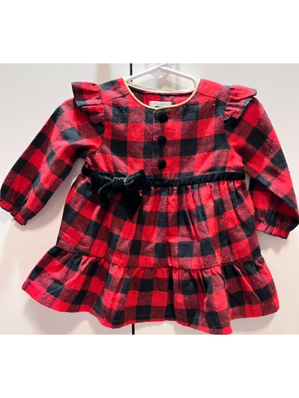 Mud Pie 3m 6m red buffalo check plaid flannel dress NWT Christmas holiday velvet